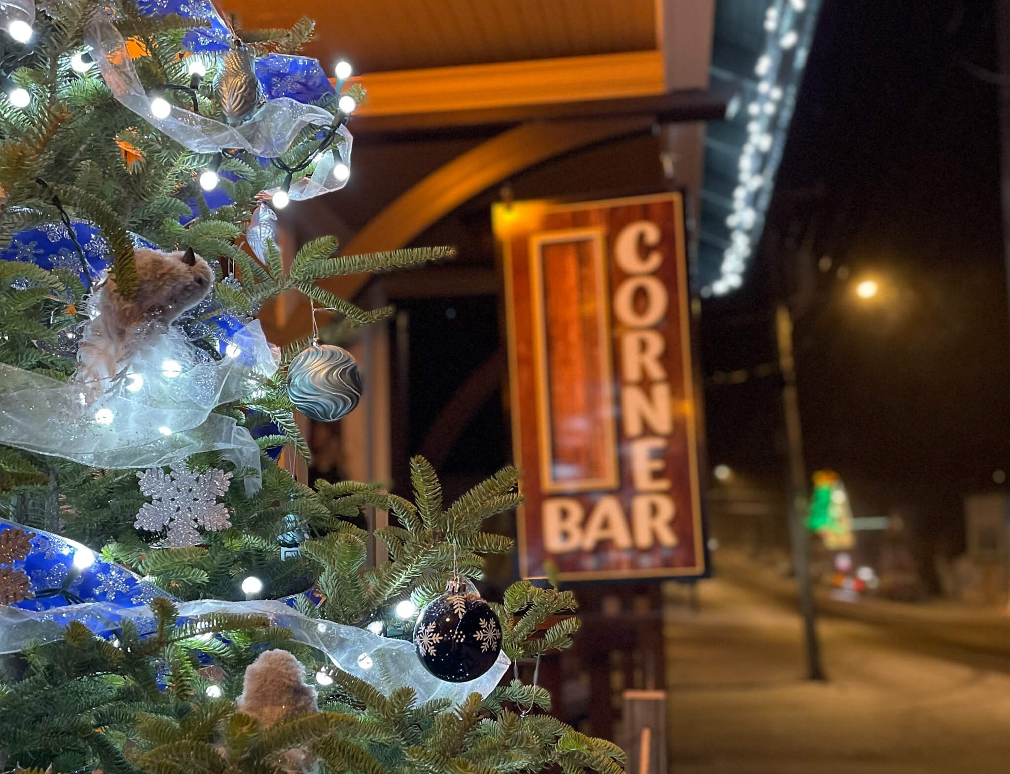 Corner Bar sign and Christmas lights